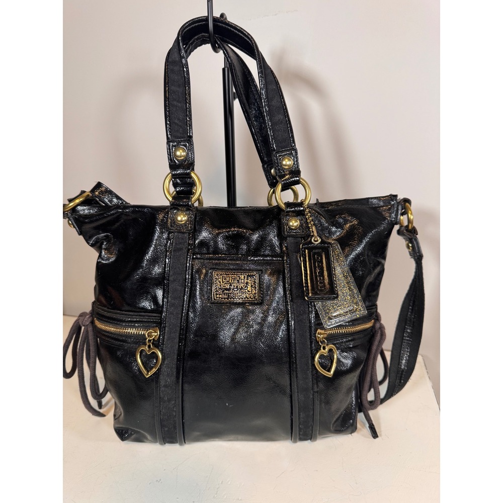 Coach Poppy Black Liquid Gloss Patent Leather Tote Bag Heart Charms F20047